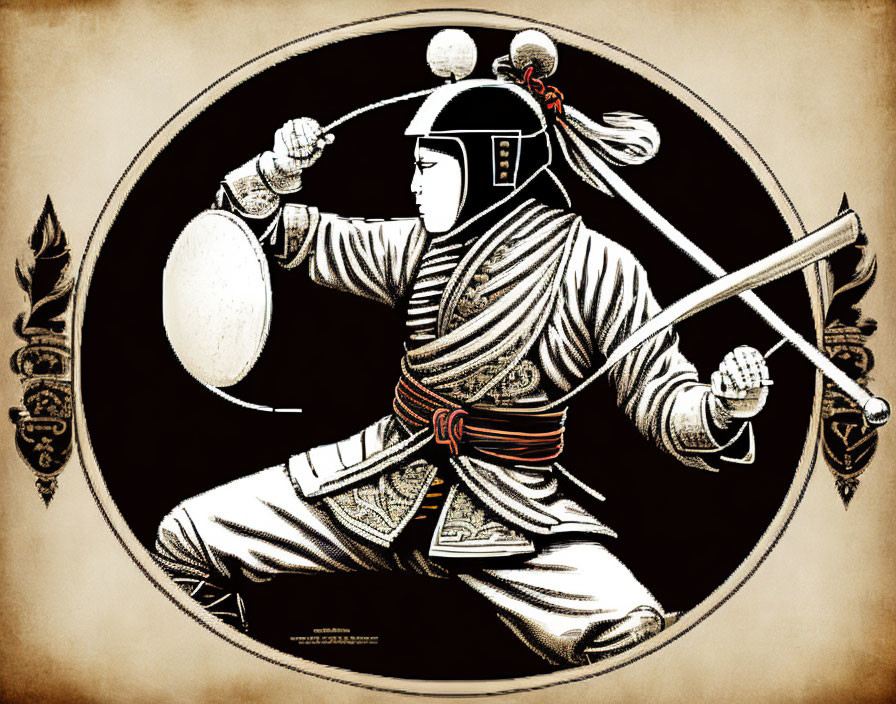 Samurai in traditional armor with sword and shield in circular frame on sepia background