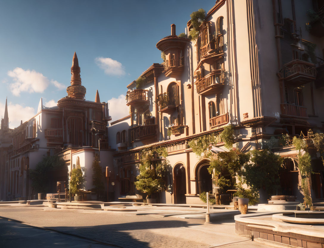 Sunlit cobblestone street and terracotta buildings with greenery in old-world setting