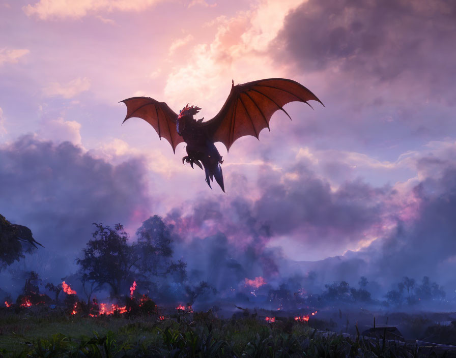 Majestic dragon flying in purple sky over misty landscape