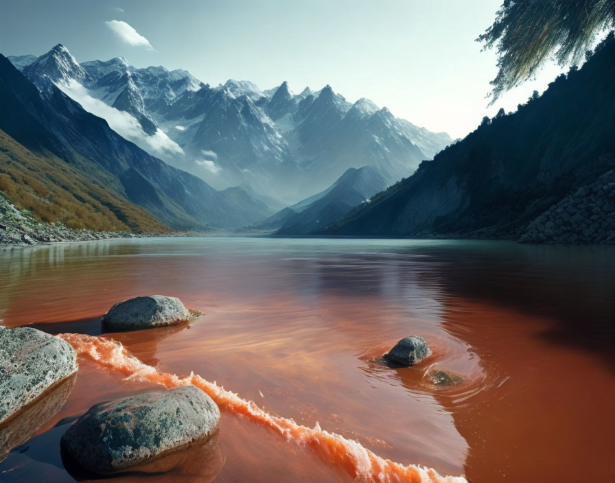 Snow-capped peaks and calm river in serene mountain landscape