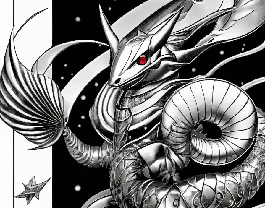 Monochrome illustration of majestic metallic dragon with intricate scales