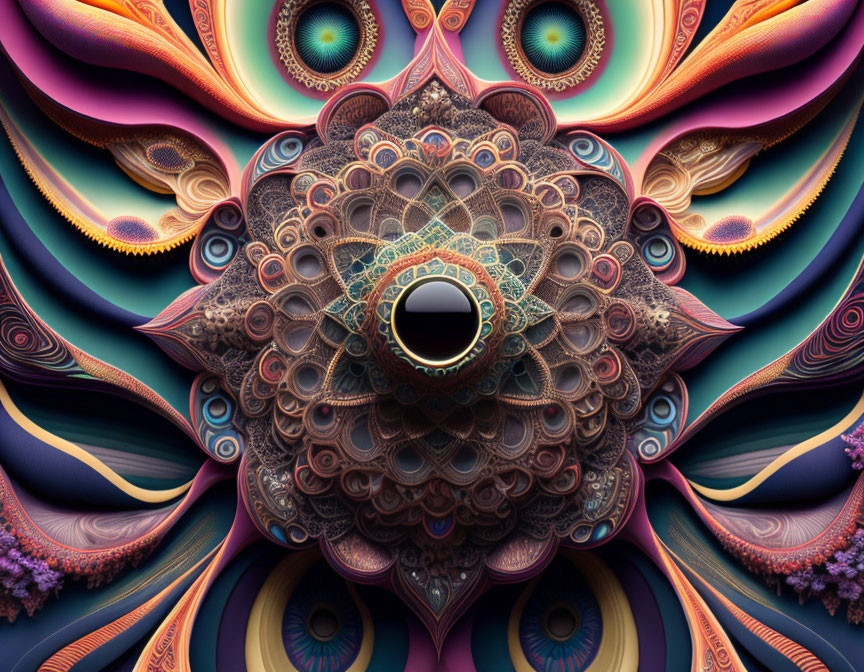 Intricate fractal design with symmetrical patterns in purple, orange, and blue