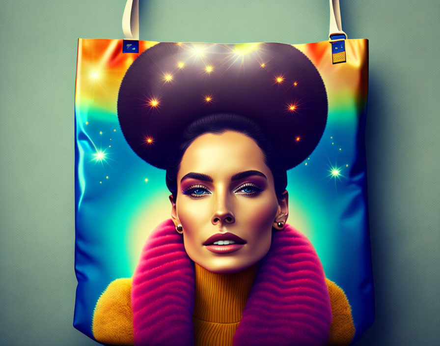 Illustrated Woman with Glowing Headdress on Vibrant Tote Bag