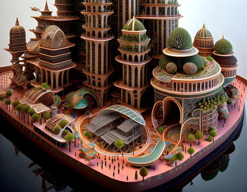 Futuristic cityscape featuring lush terraced gardens and a mix of traditional and modern architecture on an