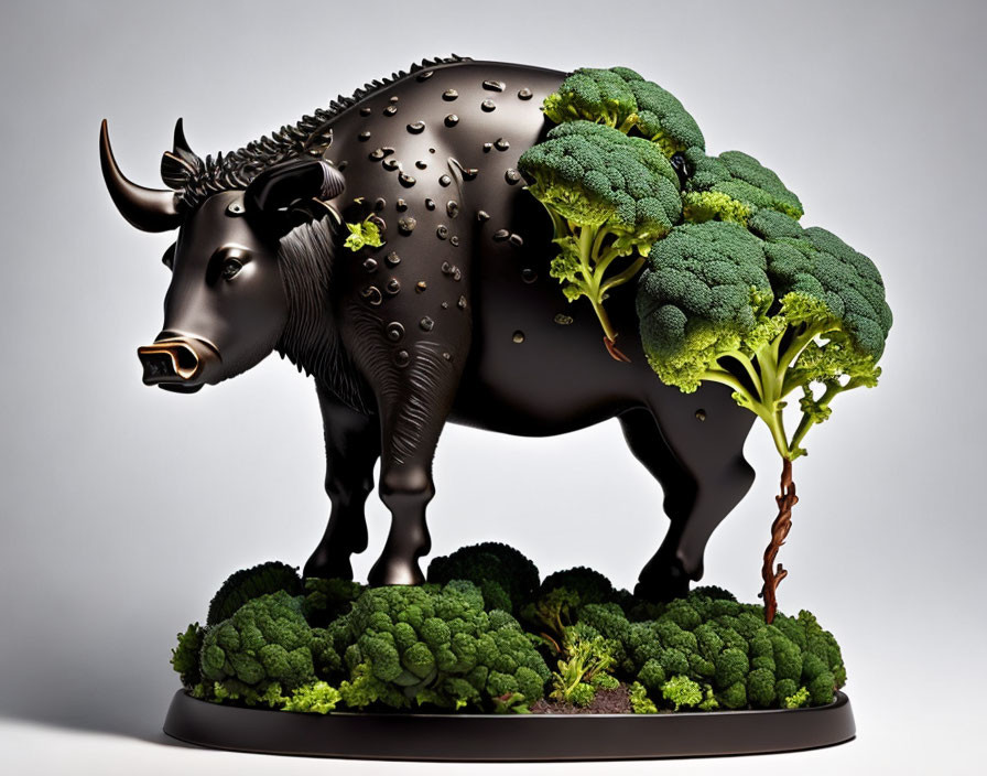 Metal Bull Sculpture with Realistic Broccoli Adornments