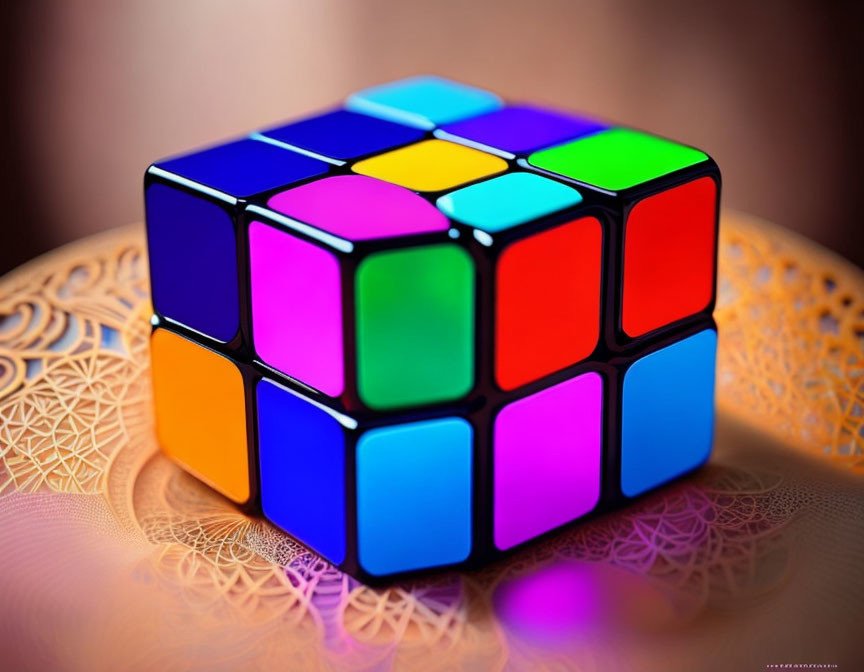 Colorful 3x3 Rubik's Cube on Patterned Surface with Soft Lighting