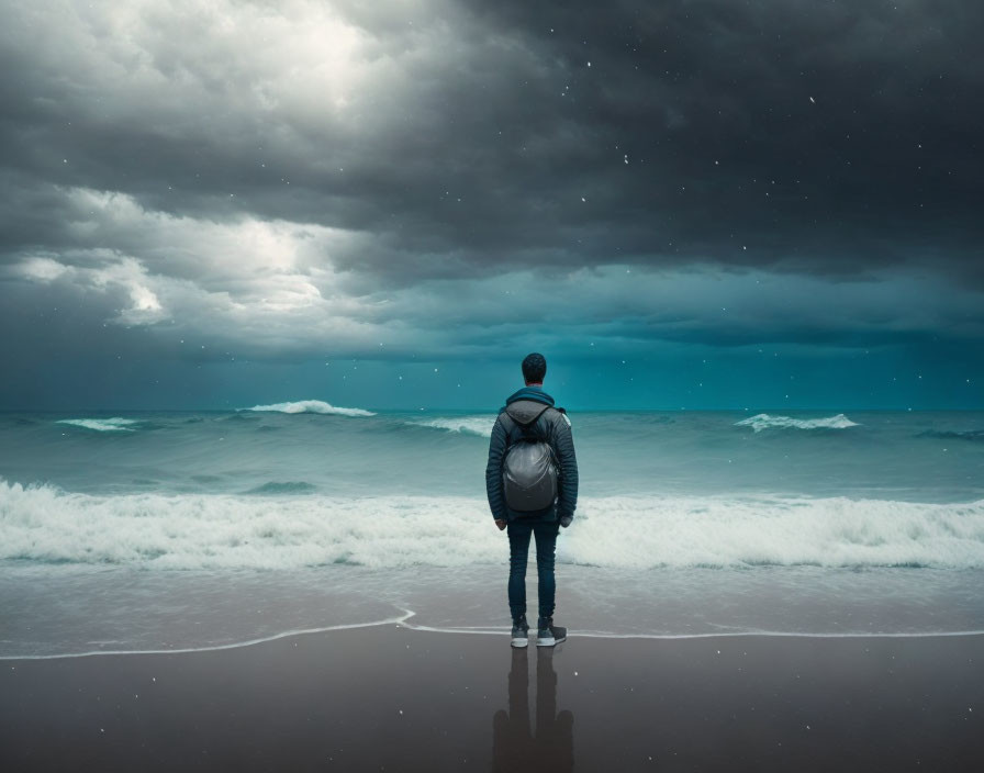 Person Contemplating Stormy Beach Scene