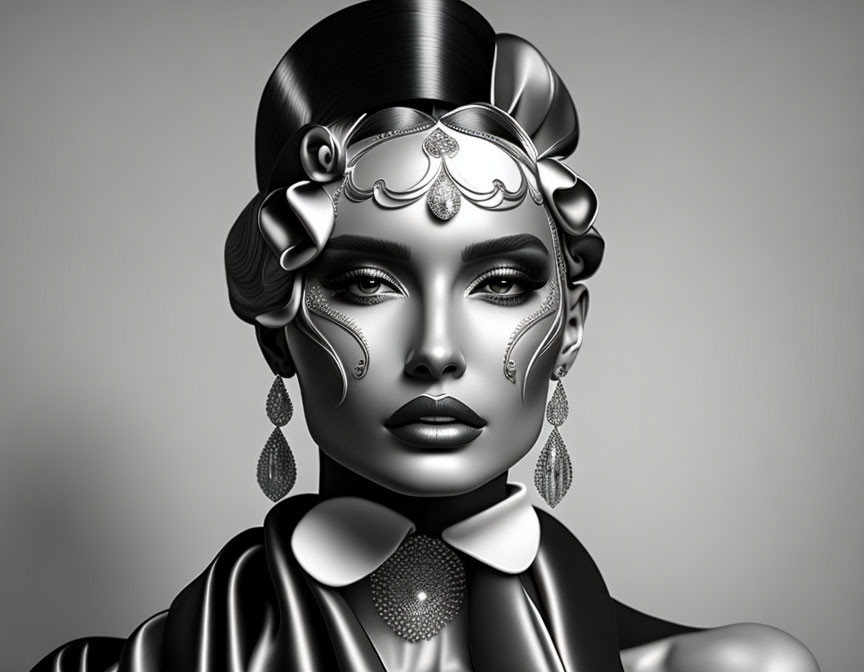 Monochrome image of stylized woman with intricate headwear and chic attire