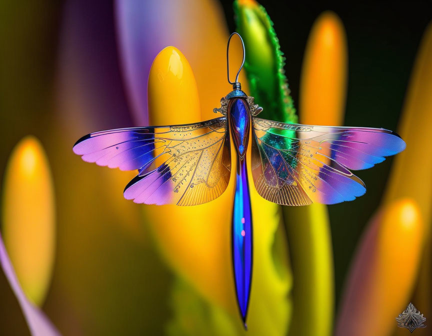 Colorful Dragonfly Artwork with Iridescent Wings on Floral Background