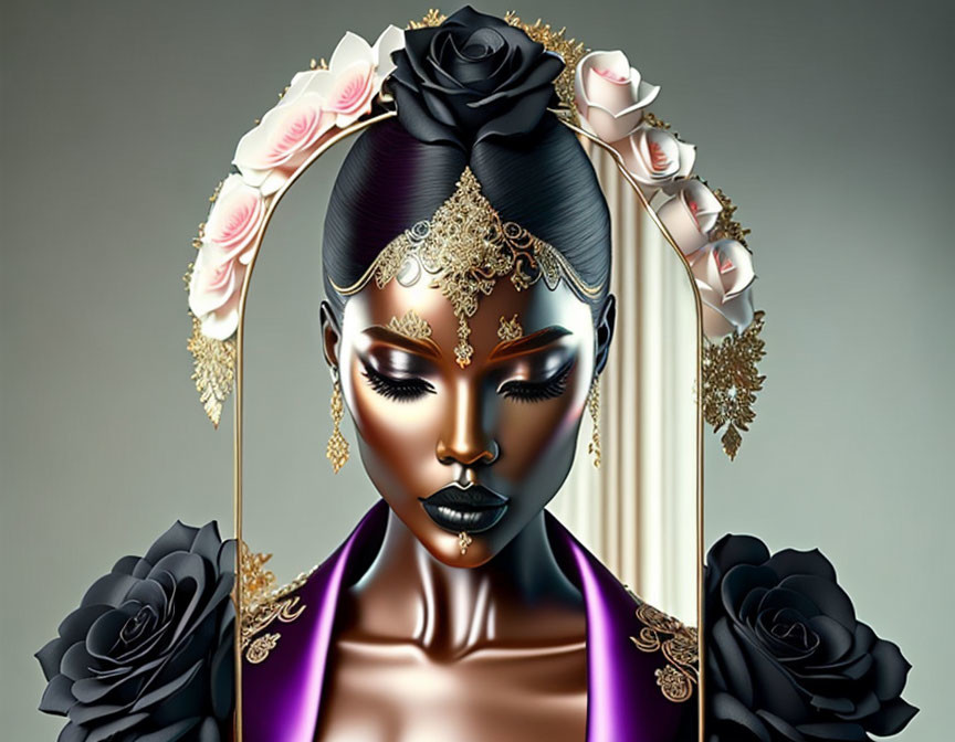 Woman with Black and Gold Makeup, Rose Headpiece, and Purple Cloak