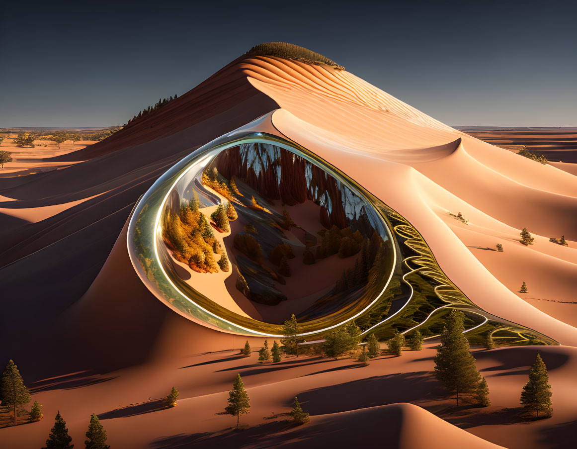 Surreal landscape with desert dune, reflective sphere, and inverted autumn forest