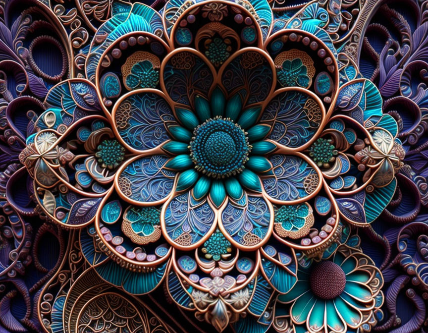 Detailed Fractal Image: Intricate Floral Patterns in Blue and Brown