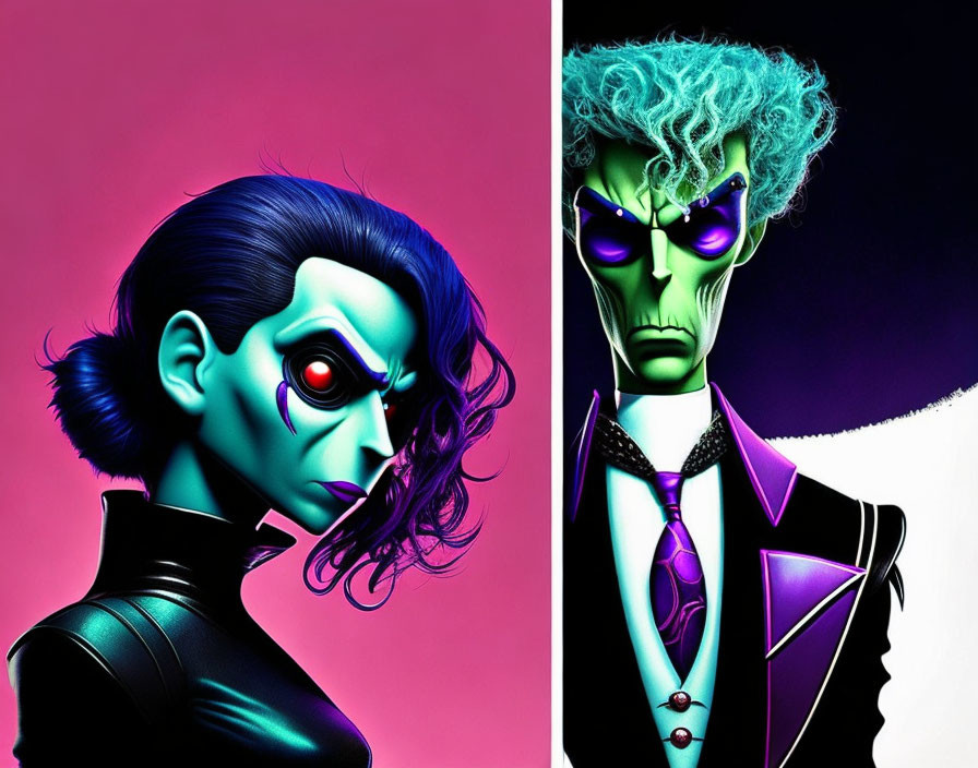 Illustration of two characters with neon skin tones and colorful hair