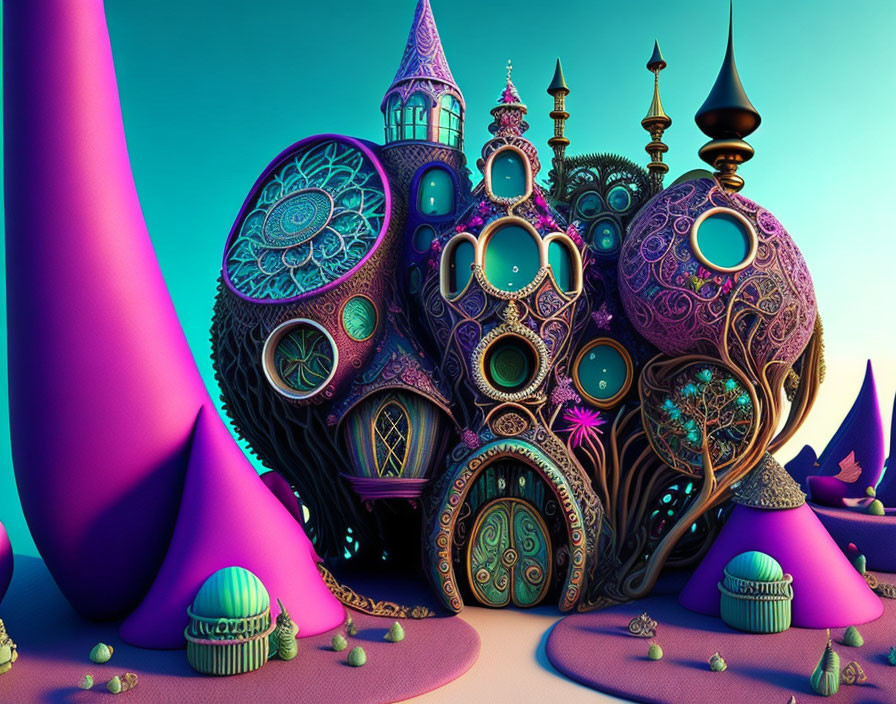 Colorful Imaginative Structure with Arabesque Architecture on Teal Background