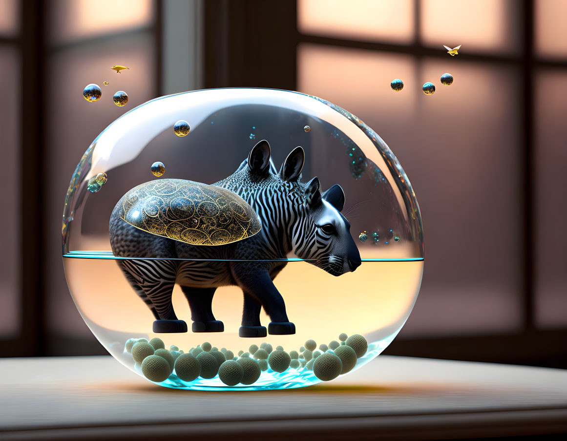 Armored zebra in bubble with golden particles on blurred window backdrop