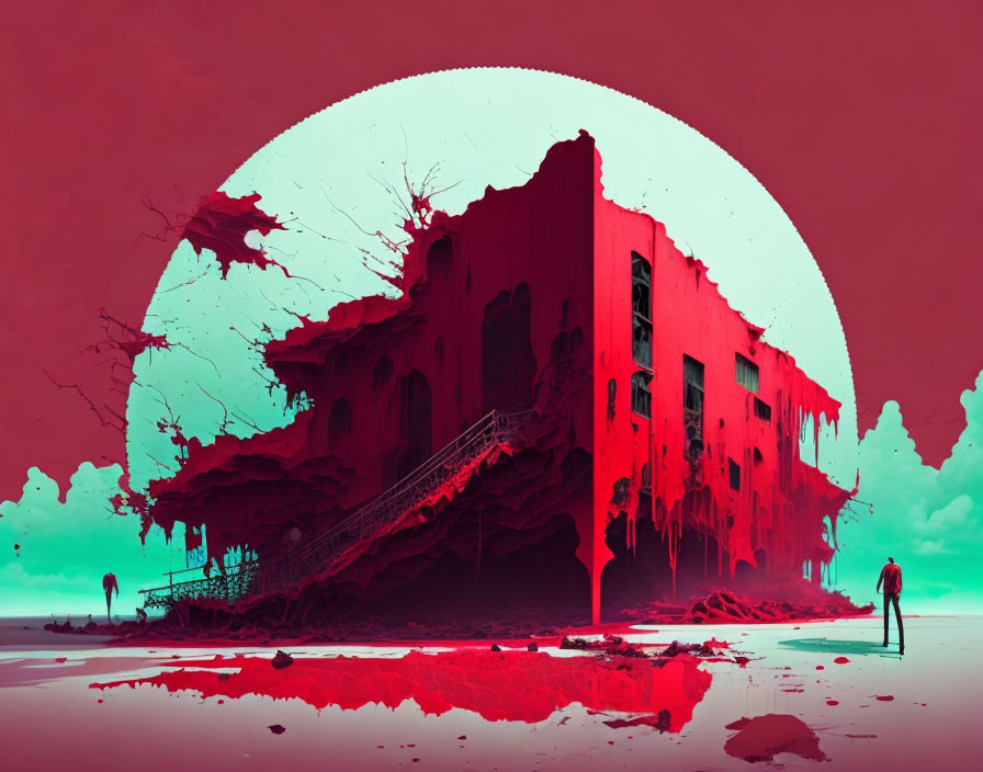 Surreal red landscape with decaying building, giant moon, silhouetted figures, and