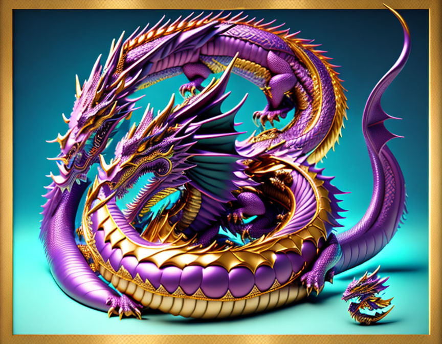 Colorful Digital Artwork: Coiled Purple & Gold Dragon with Horns & Scales