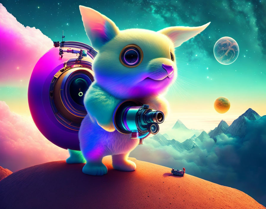 Whimsical digital artwork: Large mechanical-eyed rabbit with cosmic scenery