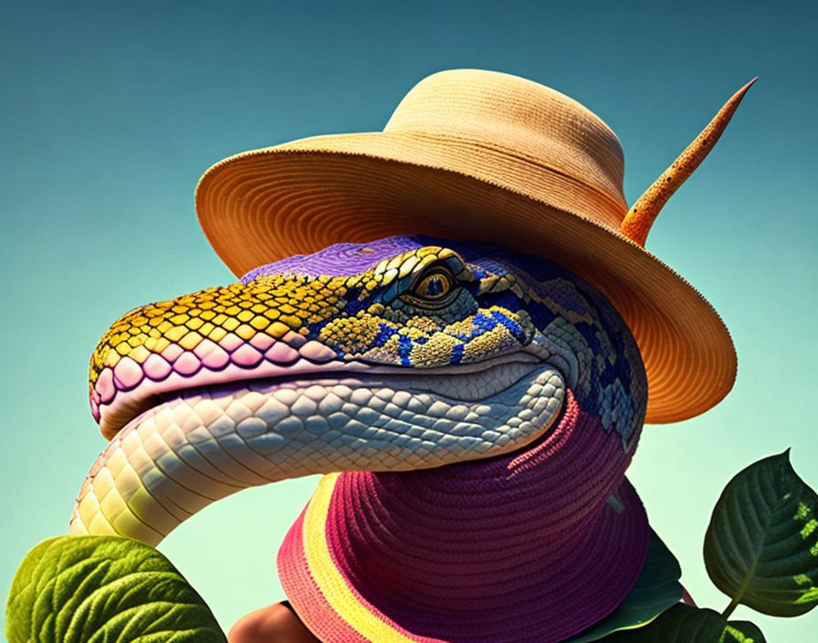 Stylized anthropomorphic lizard in straw hat and purple scarf against blue sky