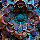 Detailed Fractal Image: Intricate Floral Patterns in Blue and Brown