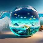 Digital artwork: Fishbowl merging with underwater seascape, featuring coral, fish, and anem