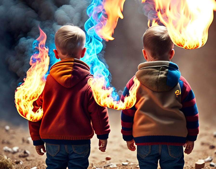 Children with flames and colorful smoke in outdoor setting