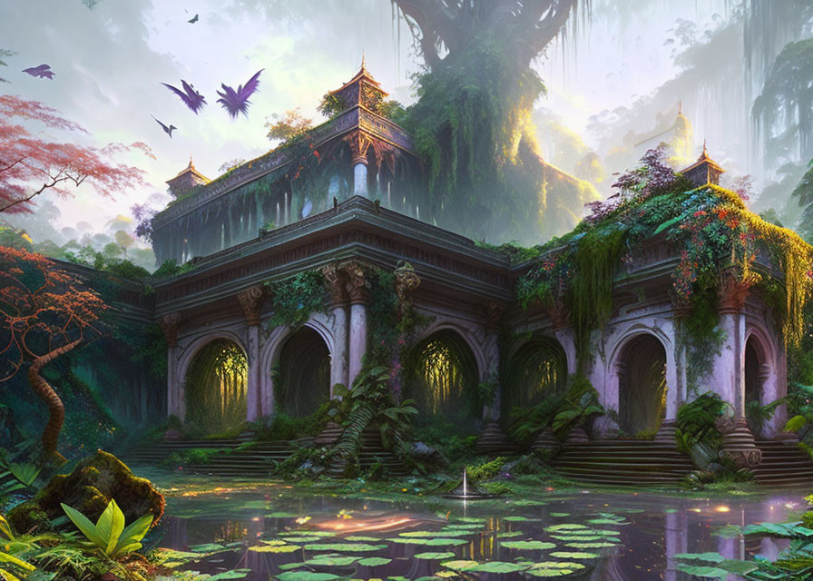 Overgrown ancient temple in foggy forest with tranquil pond and flying birds