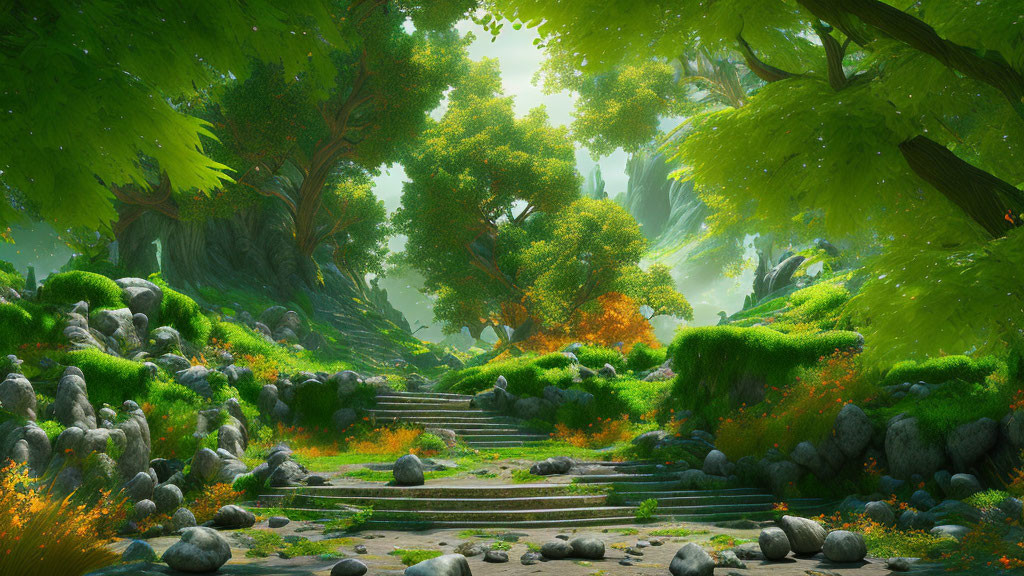 Vibrant green forest with moss-covered stones and ancient stairs under soft sunlight
