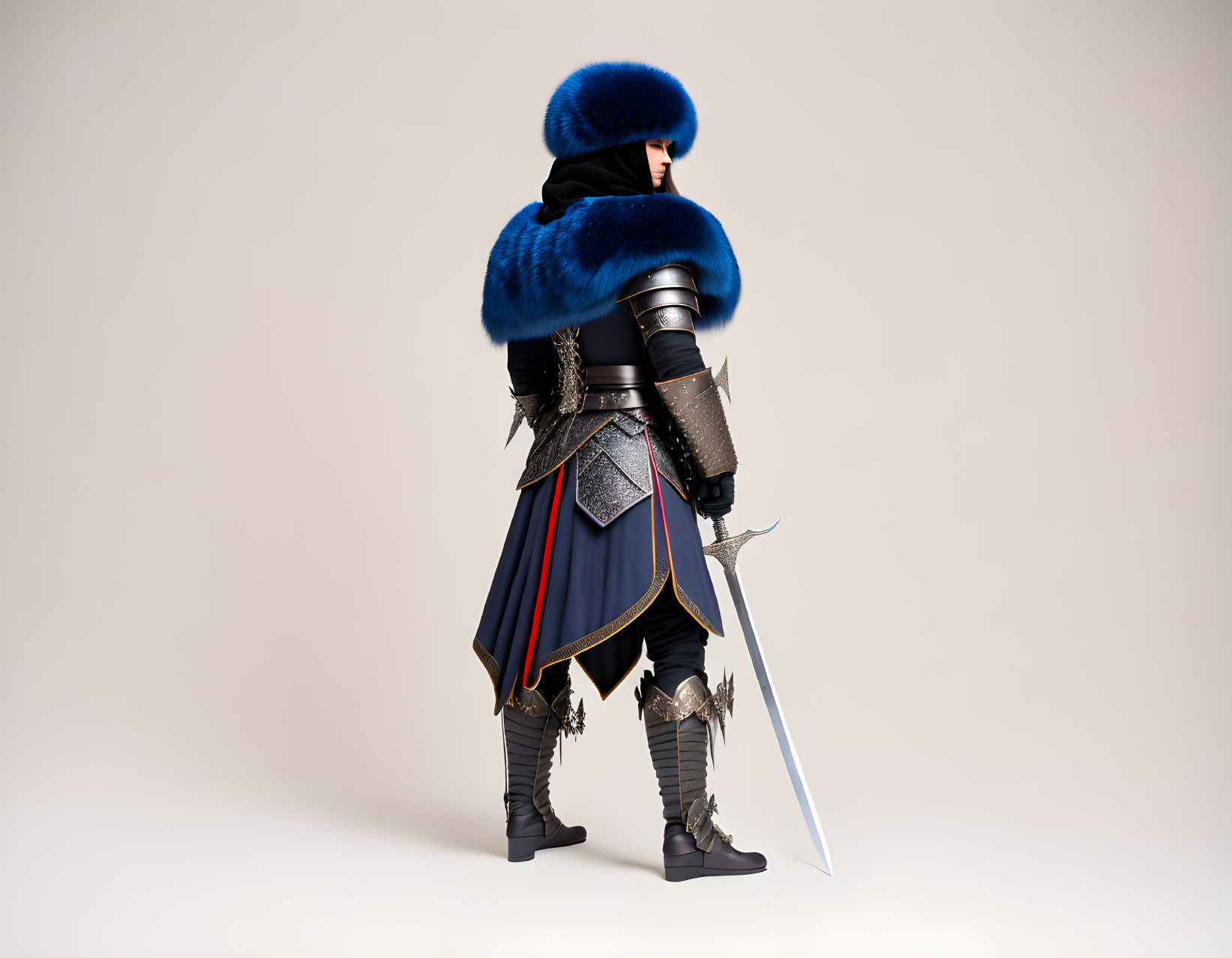 Medieval knight in blue fur mantle with sword on neutral background