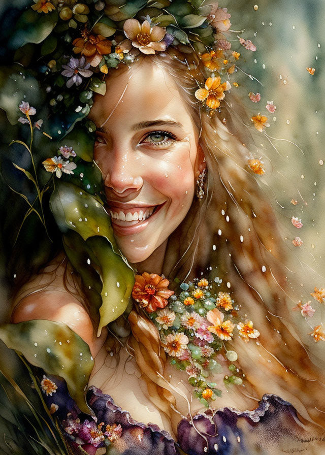 Smiling woman with floral wreath in watercolor style