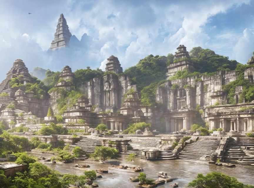 Ancient stone temples and pyramids in lush green landscape