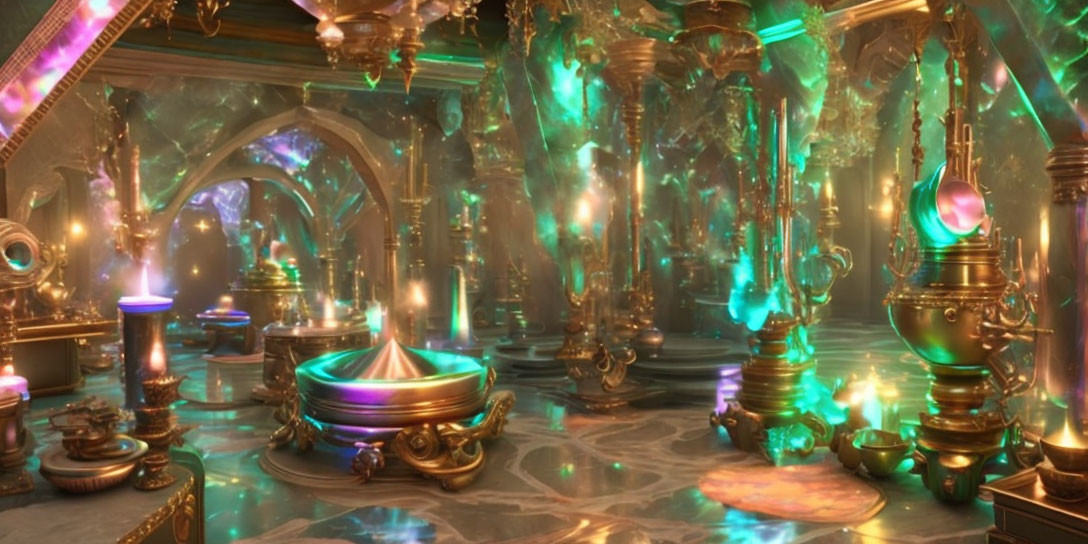 Fantastical chamber with glowing crystals and golden pillars