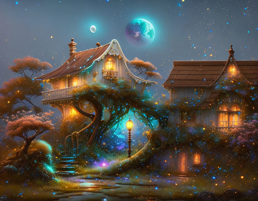 Enchanting fantasy landscape with glowing flora and two moons