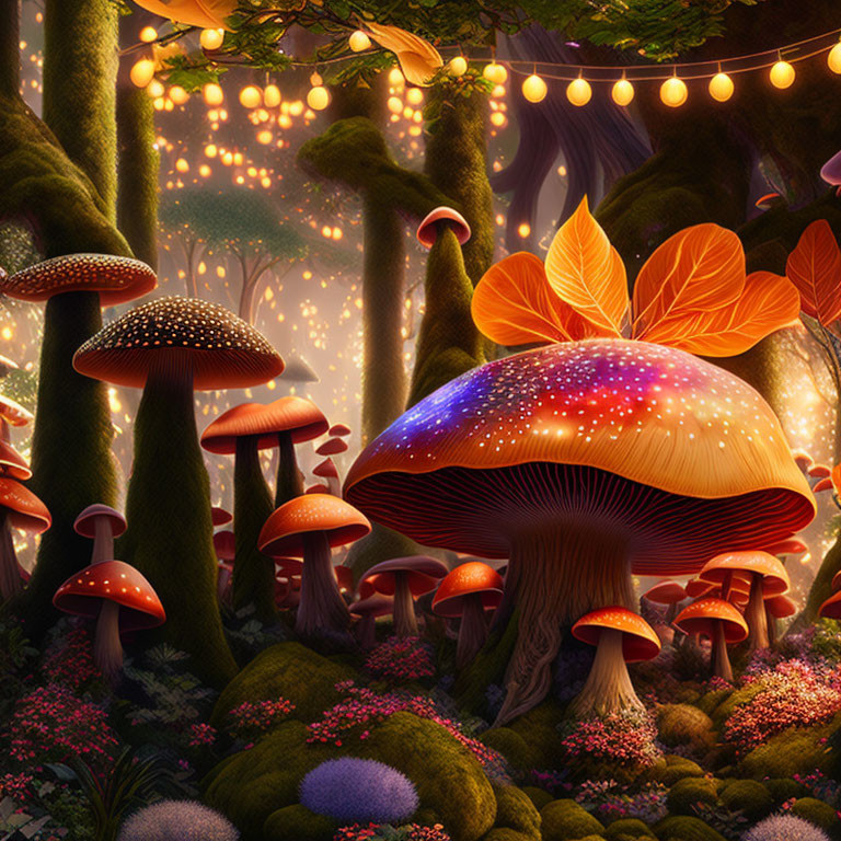 Enchanting Forest Glade with Glowing Mushrooms and String Lights