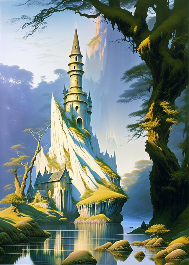 Fantasy castle with tall spire in forested landscape and serene water reflection
