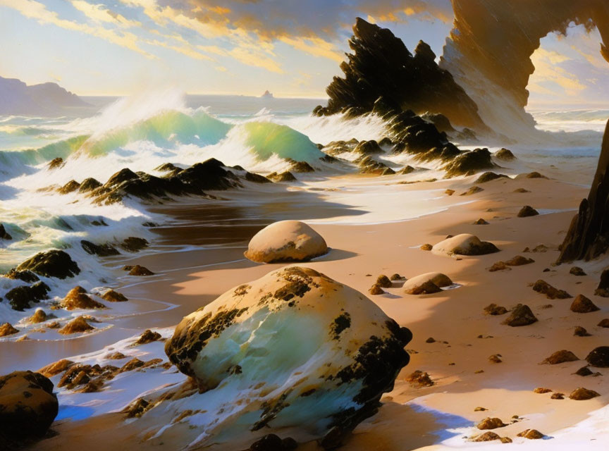 Scenic seascape with crashing waves, sunlight, sand, and rocks.