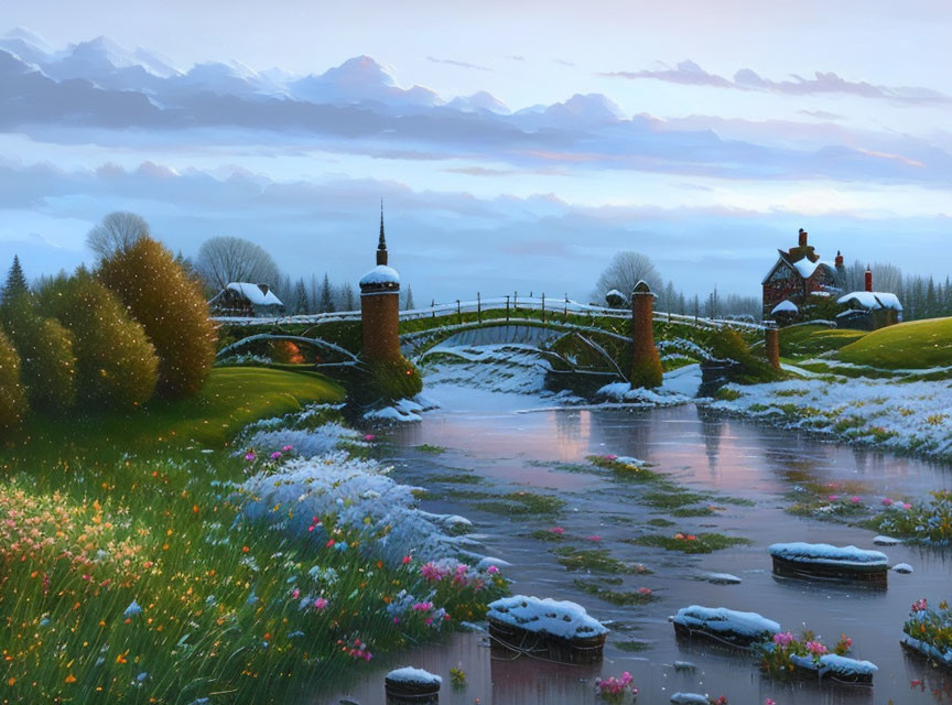 Tranquil landscape with river, bridge, blossoming flora, and buildings at twilight