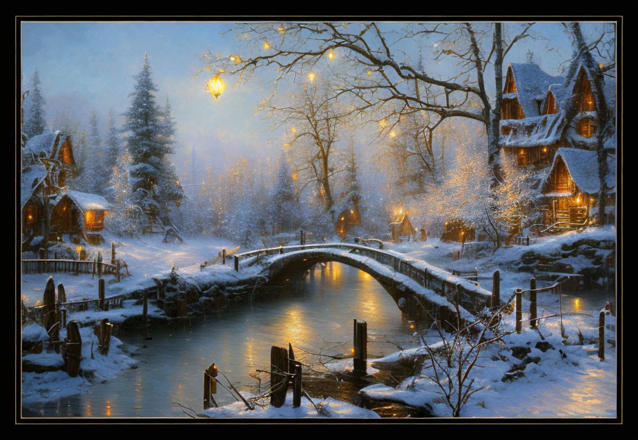 Winter village scene: snow-covered houses, river, bridge, falling snow, twilight sky