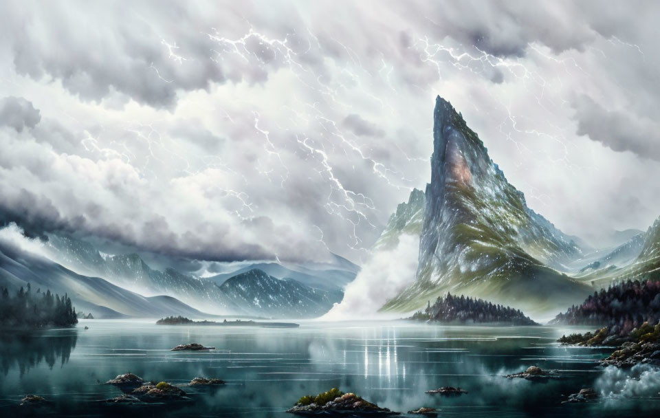 Mountain lake scene with misty hills and lightning bolts in dramatic sky