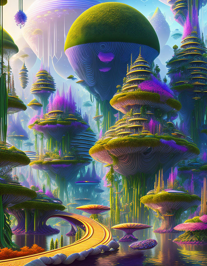 Colorful alien landscape with towering mushroom structures and luminous plants