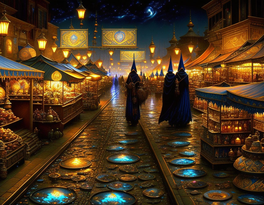 Night Market Aglow with Golden Lights and People in Cloaks