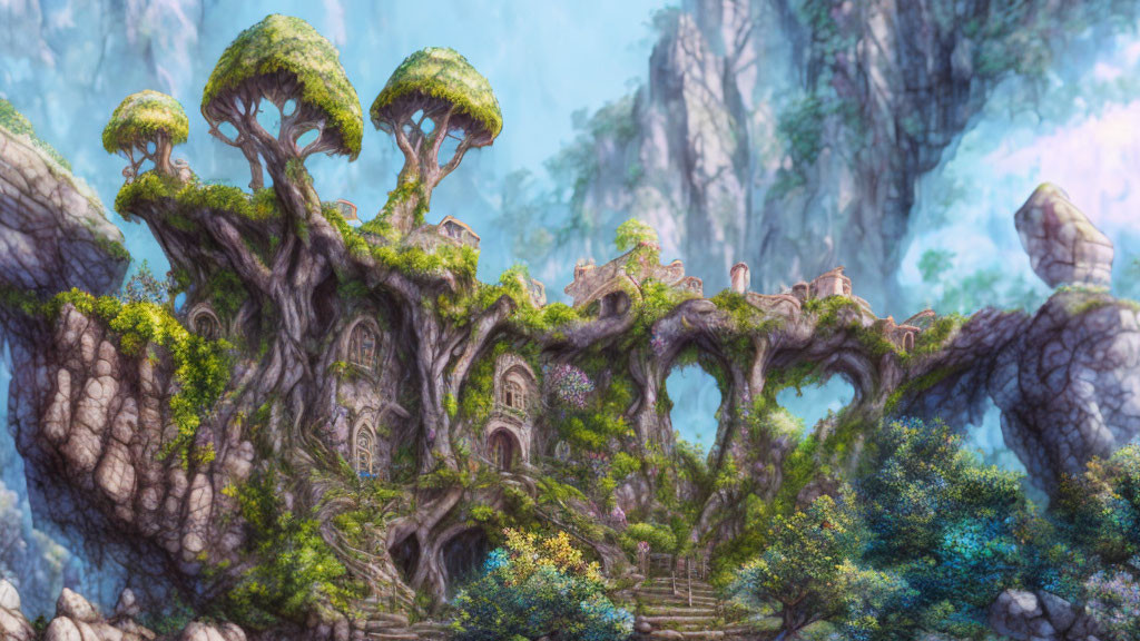 Fantasy landscape with ancient tree houses and floating mountains