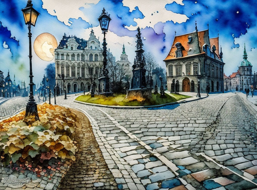 Cobblestone street watercolor painting at dusk