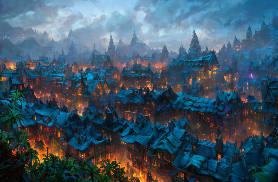 Fantasy city at dusk with illuminated windows and misty mountain backdrop