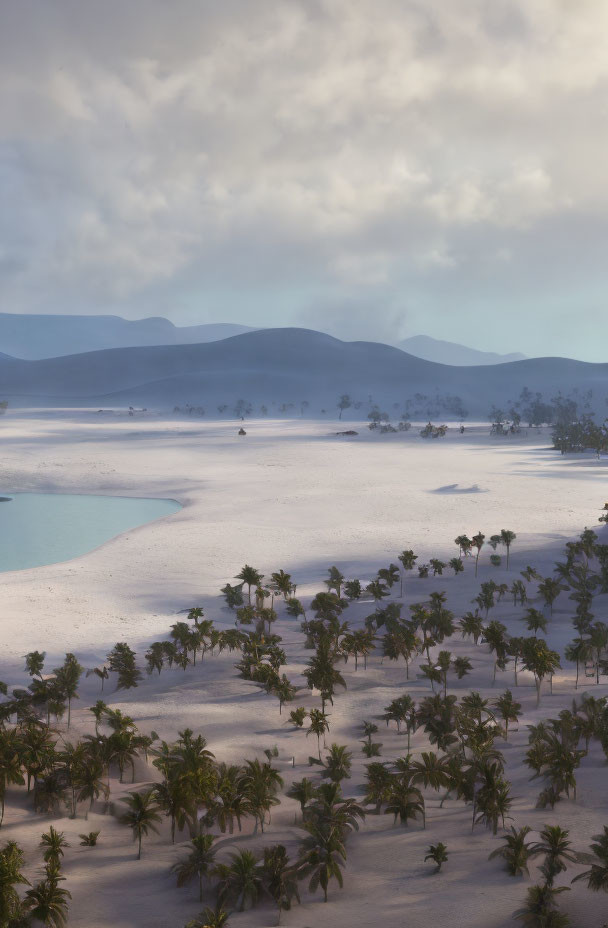 Desert Oasis with Palm Trees, White Sands, Blue Waters & Rolling Dunes