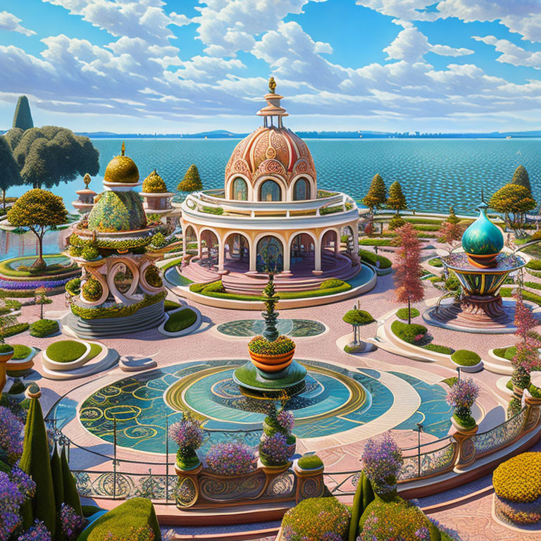 Ornate domed building in vibrant landscape with gardens and lake