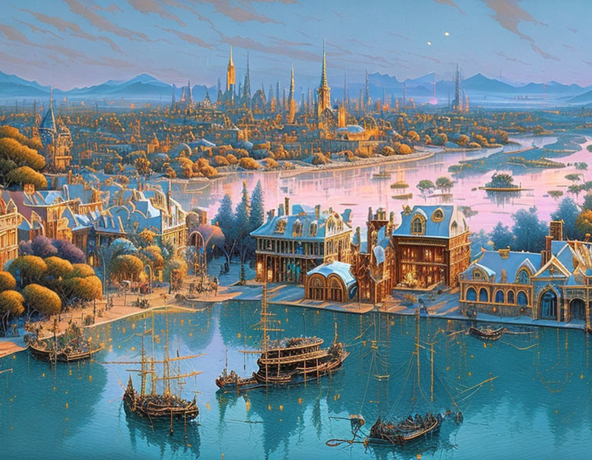 Fantasy cityscape at dusk with intricate architecture and sailing ships