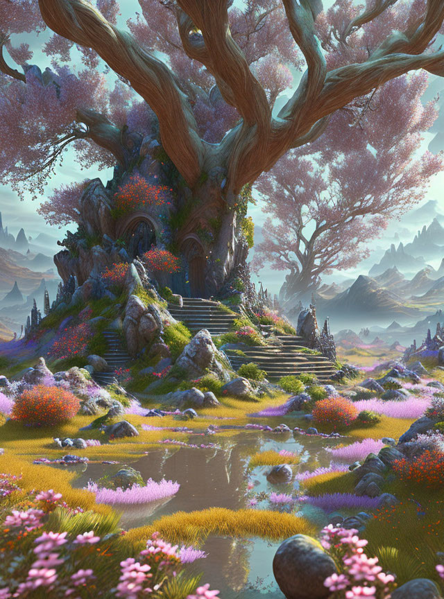 Mystical landscape with ancient tree, pink blossoms, stone steps, lush flora.