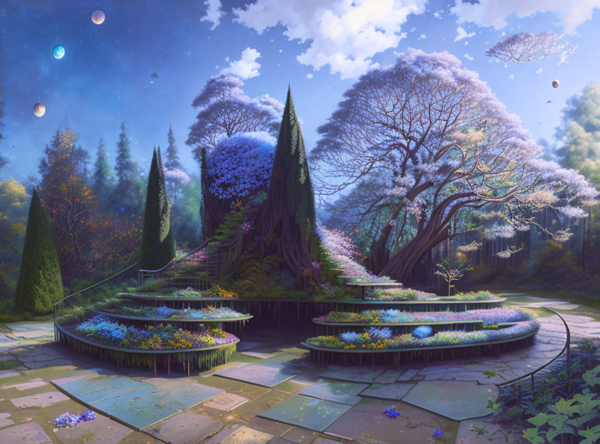 Fantastical garden with spiral staircases, lush trees, vibrant flowers, floating orbs, and dream