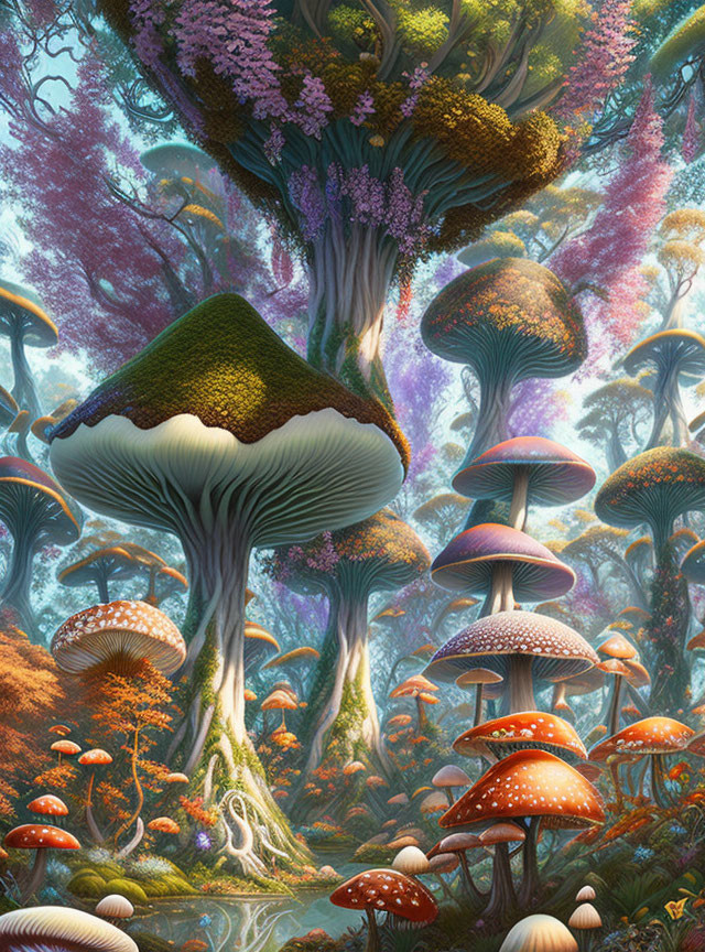 Colorful Fantastical Mushroom Forest with Diverse Trees